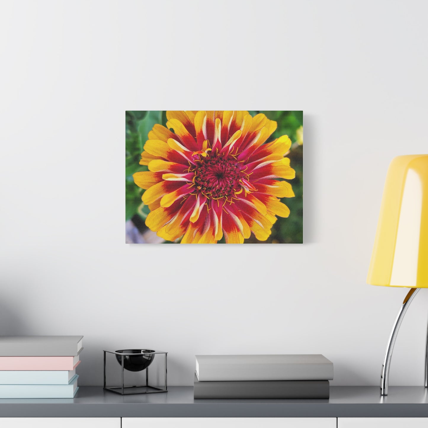 "Yellow Flame Zinnia" Vibrant Floral Canvas Art - Matte Stretched Print, Colorful Zinnia Flower Decor