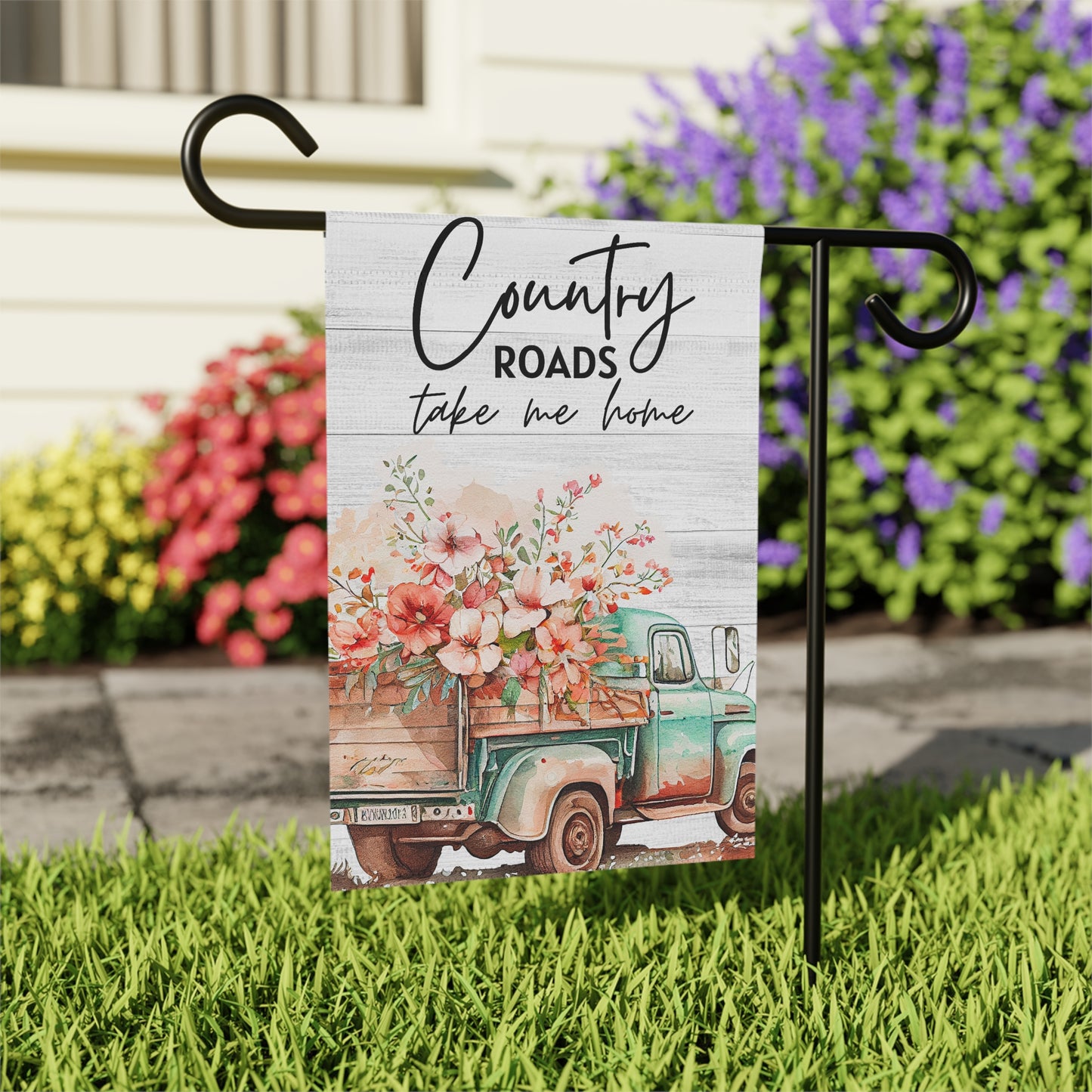 Country Roads Garden Banner - Floral Vintage Truck Decor for Home and Garden